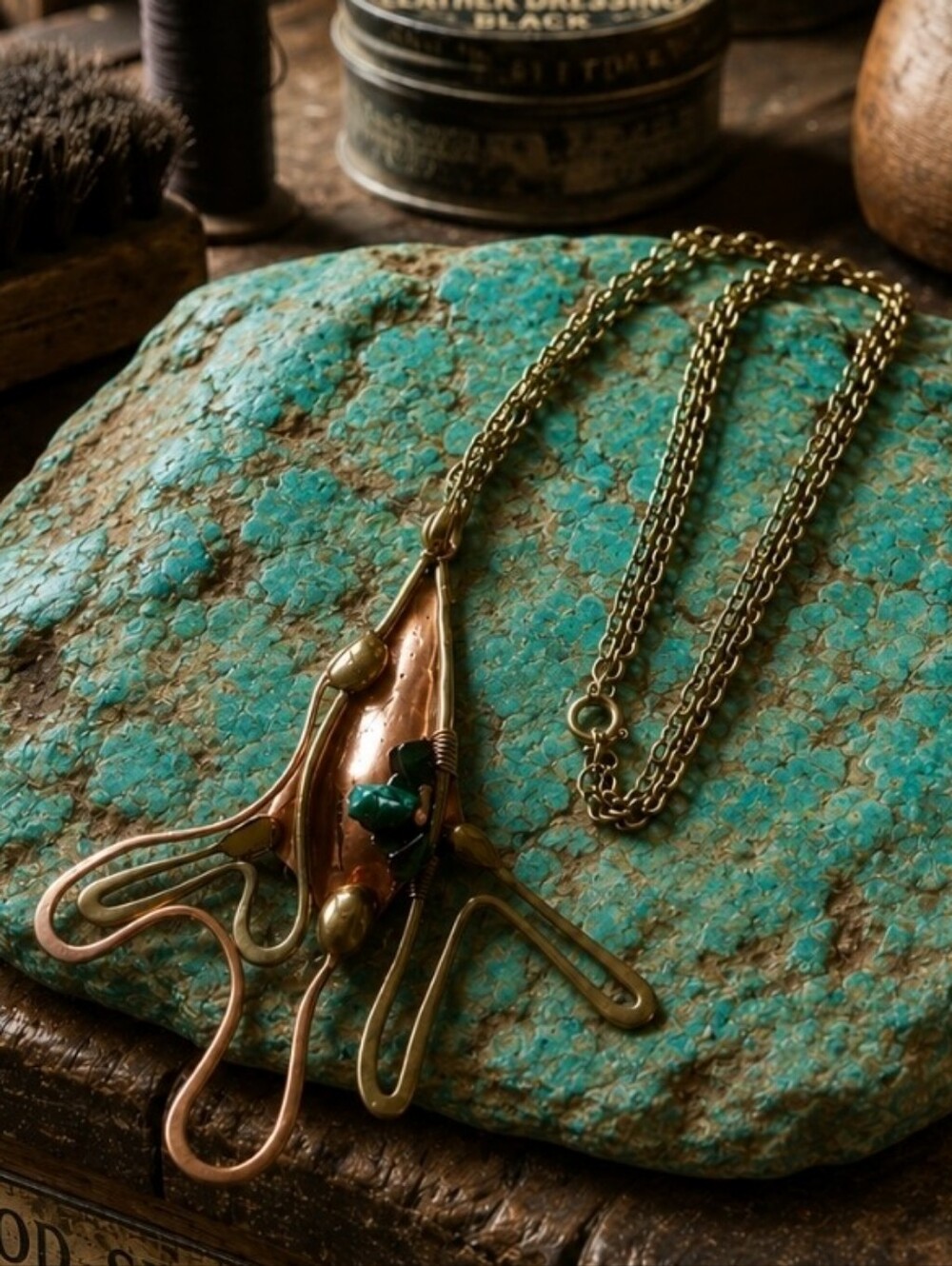 Modern Copper Abstract Artisan Handmade Turquoise Color Chip Necklace Signed